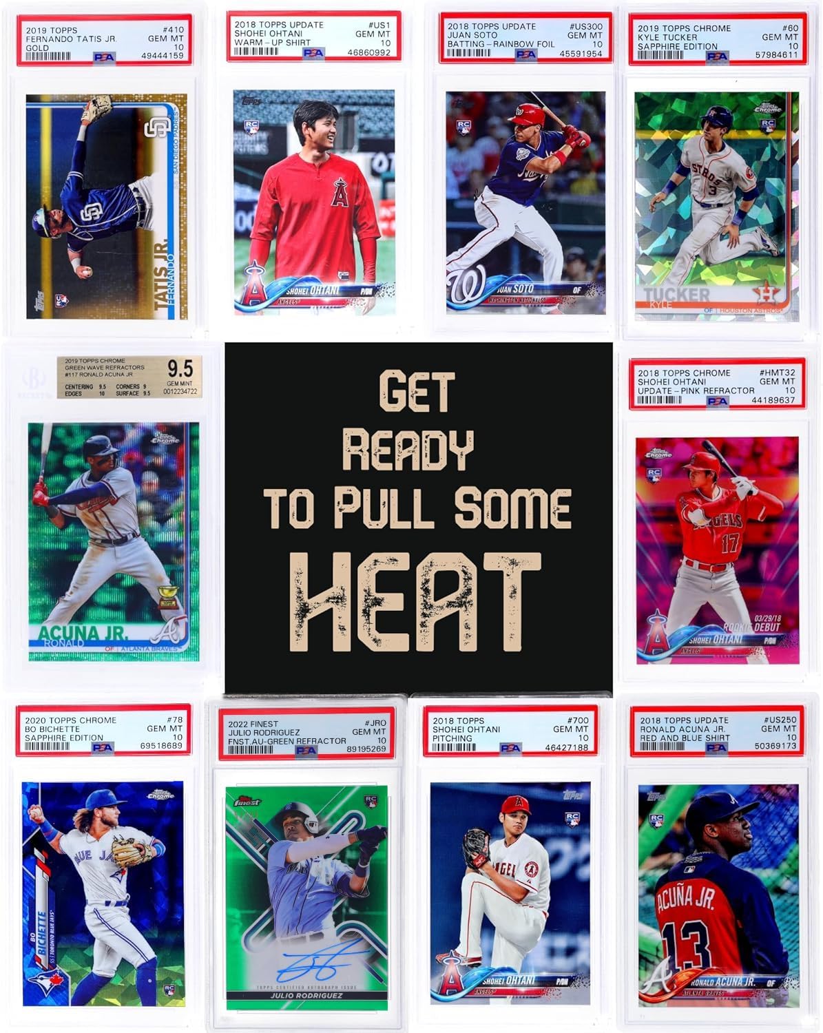 Three Graded Baseball Cards Gift Box: MLB Edition │Three Premium PSA/BGS Graded 10, 9.5 or 9 Cards │Potential Rookie Autographs & Numbered RC Refractors│Gift for Baseball Fans│by Slabs of Heat