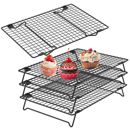 4 Pack Cooling Racks for Cooking and Baking, 13.4 x 9.4 Inch 4-Tier Stackable Tall Baking Racks, Carbon Steel Roasting Wire Rack for Baking, Oven Cooking, Grilling Making Jerky (Black, 13.4“ x 9.4”)