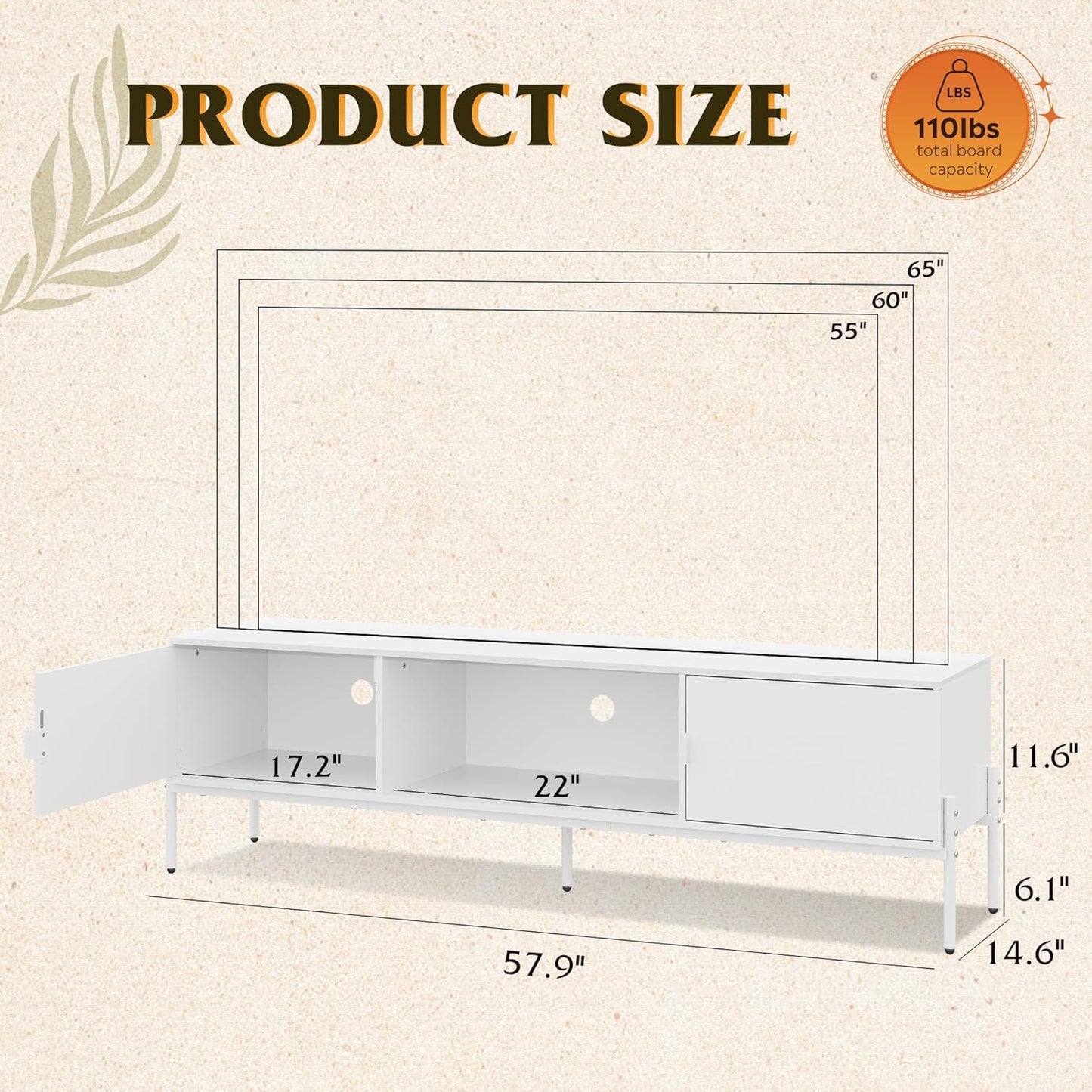 WLIVE Modern TV Stand for 65 Inch TV, Mid Century Entainment Center with Storage Cabinets, TV Console for Bedroom and Living Room, TV Cabinet with Metal Legs, White