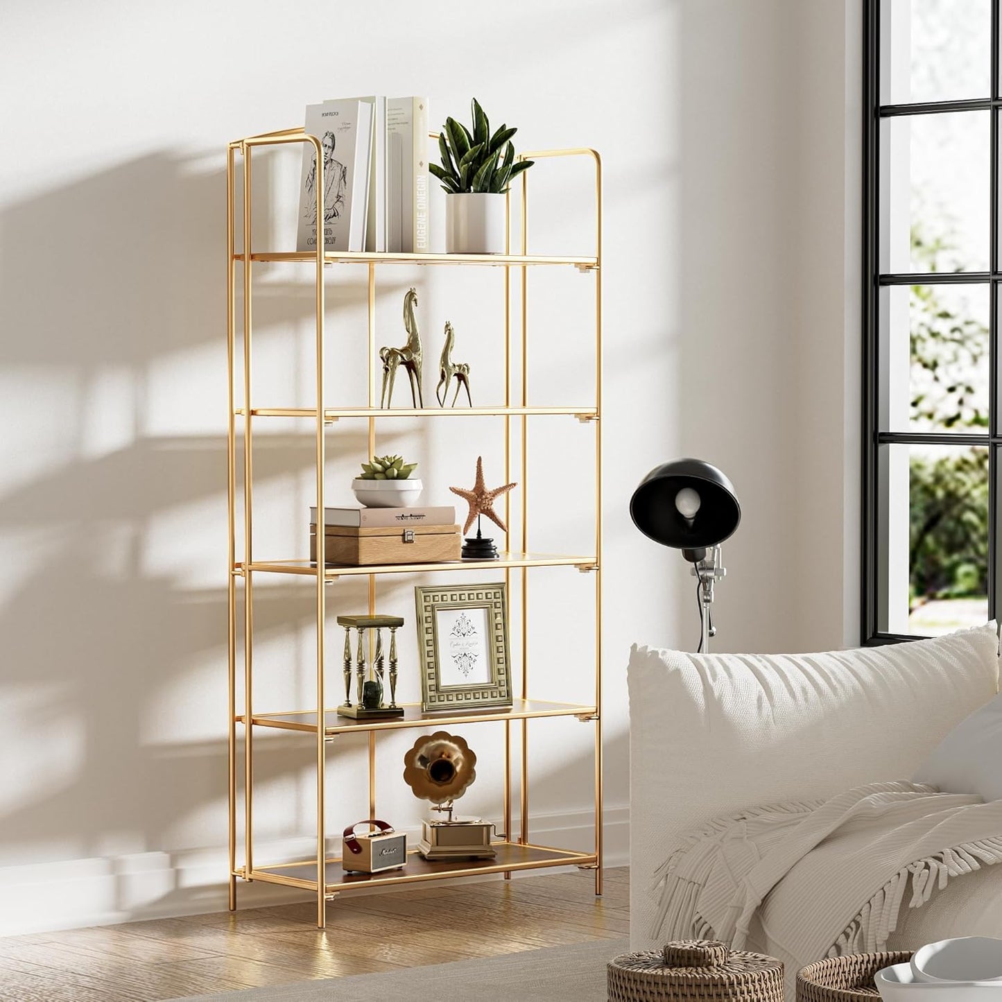 Crofy No Assembly Folding Bookshelf for Living Room, 5 Tier Gold Collapsible Book Shelf for Home Office, Portable Bookcase Storage Organizer