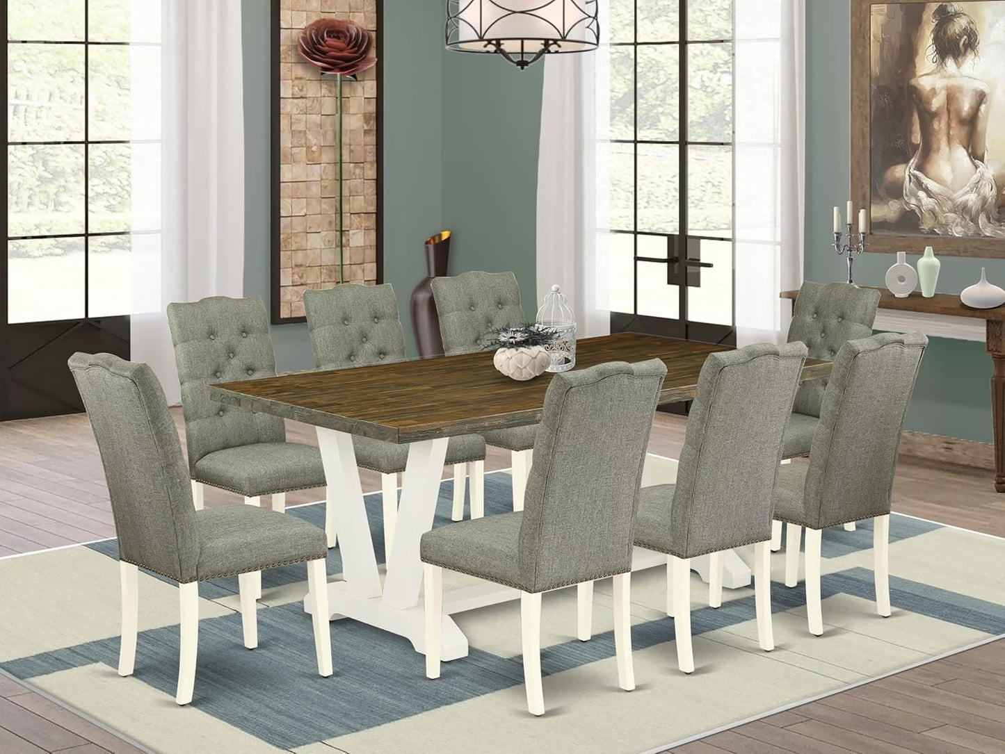 East West Furniture V077EL207-9 9 Piece Kitchen Table & Chairs Set Includes a Rectangle Dining Room Table with V-Legs and 8 Gray Linen Fabric Parson Dining Chairs, 40x72 Inch, Multi-Color