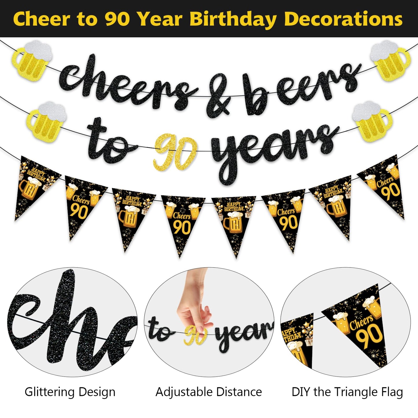 Black Gold 90th Birthday Decorations for Men Women, Glitter Pre-Strung Cheers to 90 Years Banner Hello 90 Hanging Swirls Paper Triangle Flag Banner Decorations Bday Party Supplies Kit