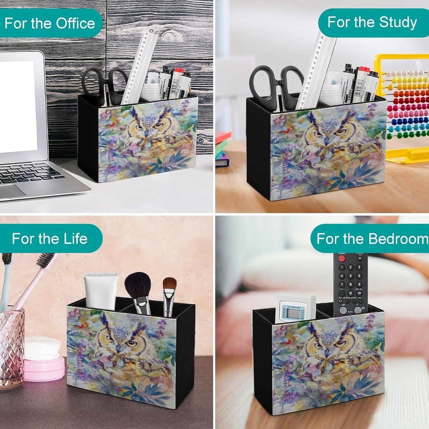 Owl Among Flowers Lether Pen Holder for Desk Makeup Brush Holder Office Organizer Desk Accessory for School Office