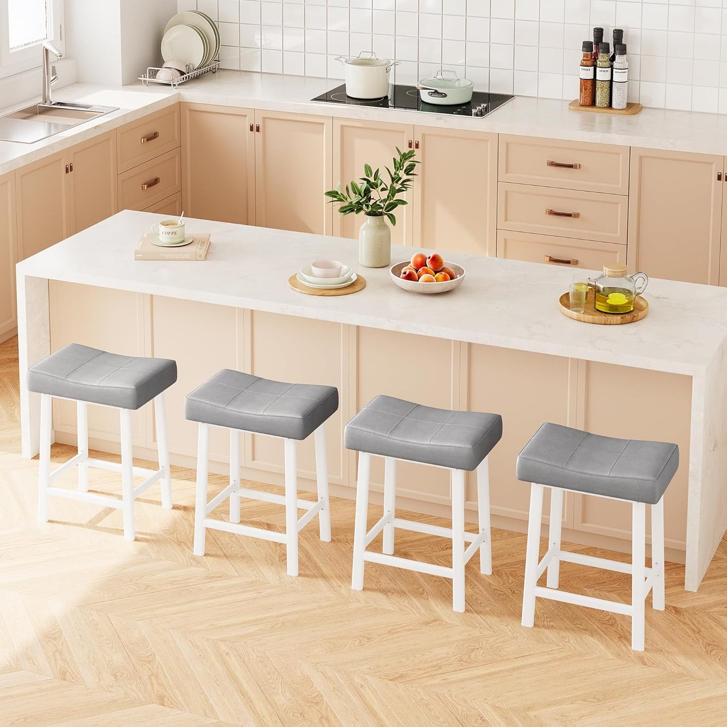 GarveeHome Counter Height Bar Stools Set of 4, 24 Inch Barstools for Kitchen Island Counter, Upholstered Padded Saddle Chairs with Curved Cushion, Easy Assembly, Grey