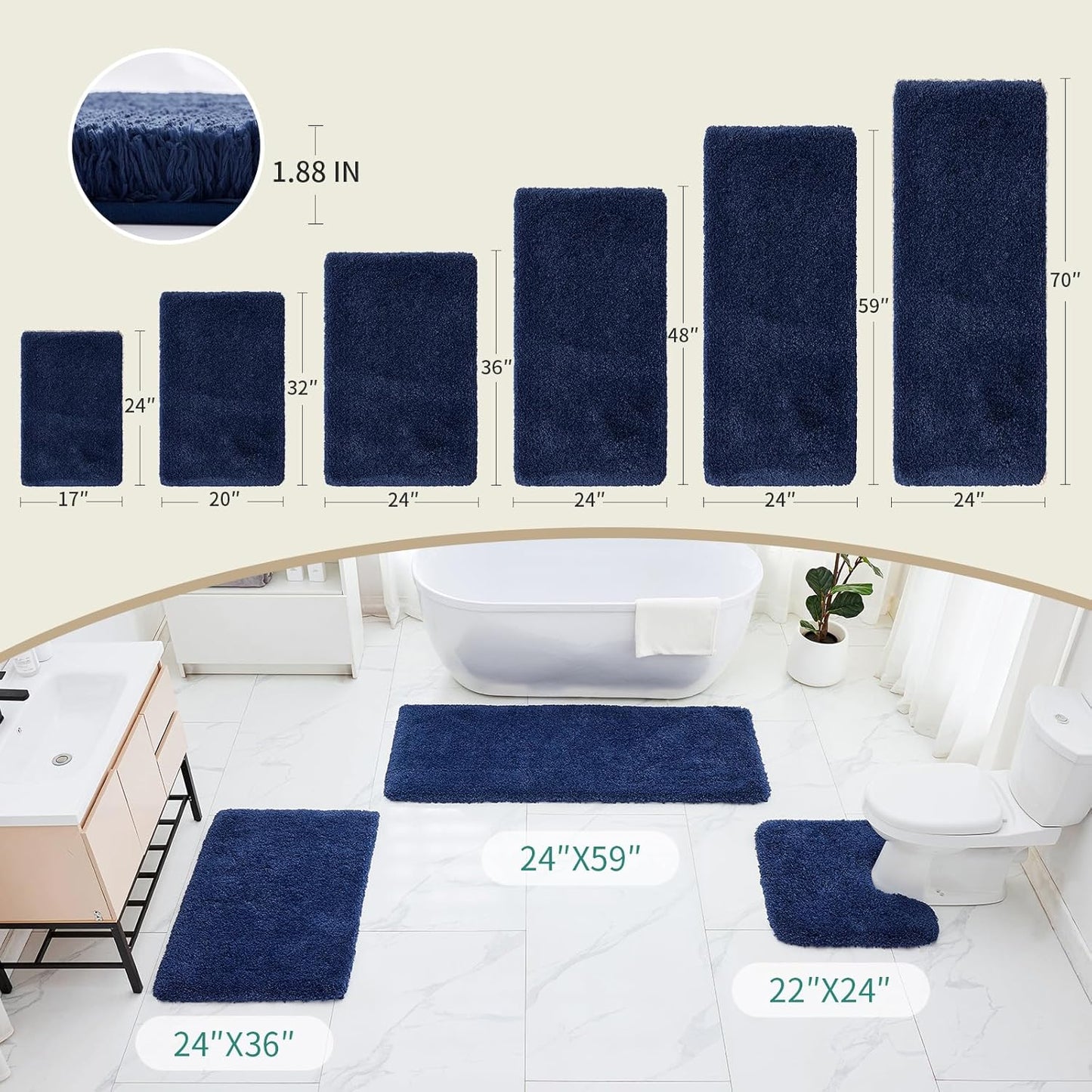 Bathroom Runner Rug 24x59 Navy Non Slip Fluffy Long Bath Mat for Bathroom Floor Washable Plush Luxury Bath Rug for Tub Absorbent Shower Sink Mat Bedside Rug