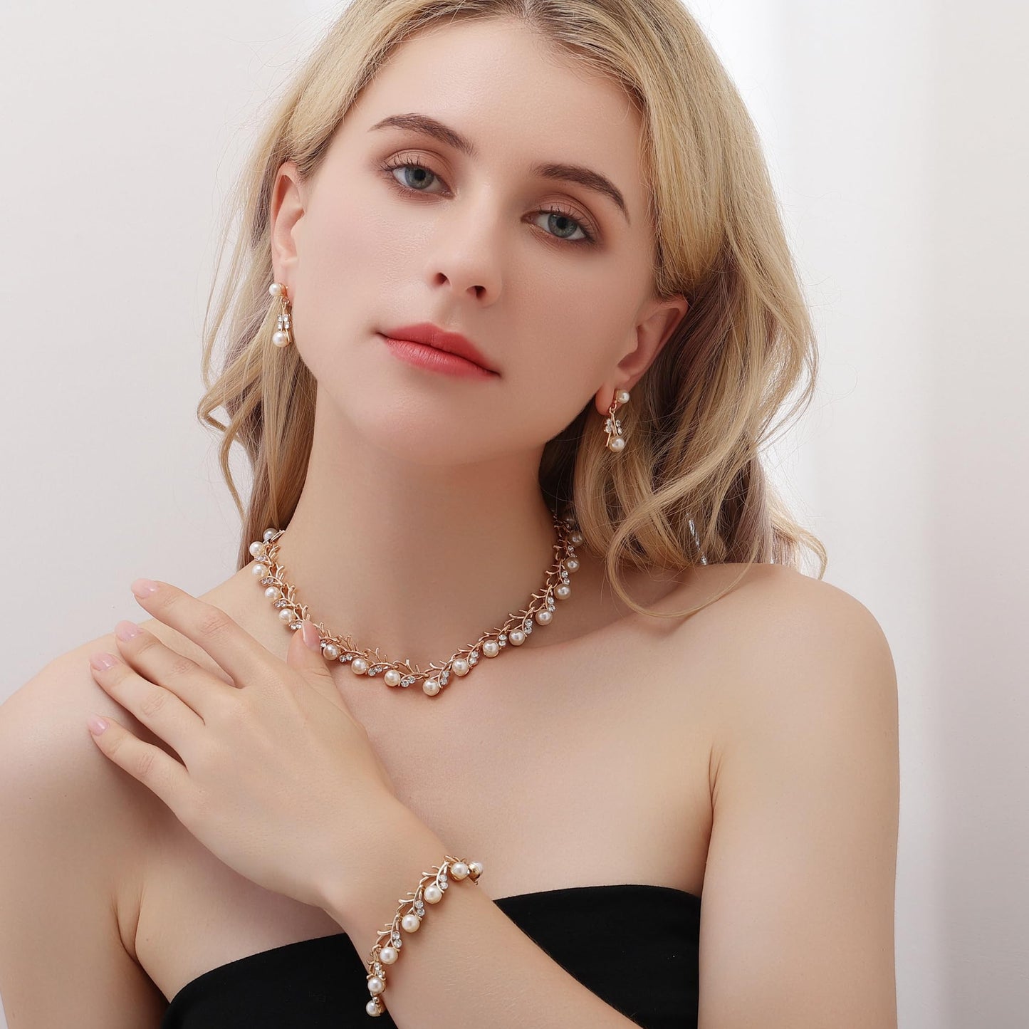 AILUOR Pearl Jewelry Set for Women, 14K Gold/Silver Plated Pearl Necklace, Earring Set and Choker - Wedding Bridal Gift (3pcs Gold)