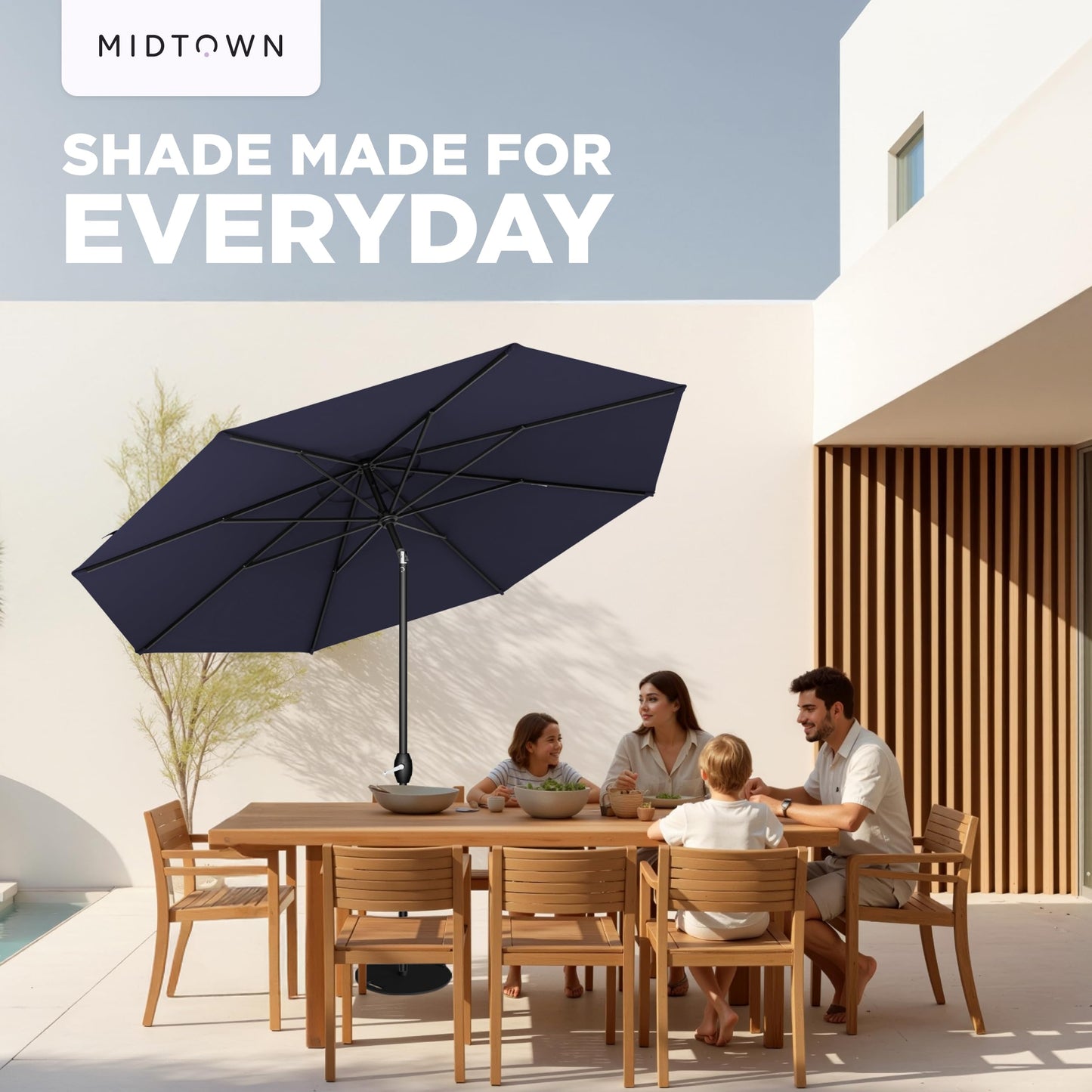 Midtown Umbrellas - 10-Year-No-Fade 9 Ft Patio Umbrella with Terylast Fabric, Auto-Tilt Aluminum Frame and 8 Reinforced Ribs for Deck, Pool, Garden & Beach - Navy Blue Canopy, Black Pole