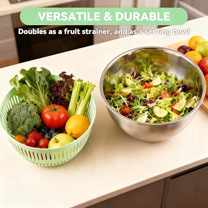 Stainless Steel Salad Spinner,Lettuce Spinner with Non-Slip Base,Vegetables Wash Bowl,Egg Yolk Strainer Slicer Shredder,A Variety of Blades Make it Easy to Chop, BPA Free,Dishwasher Safe.