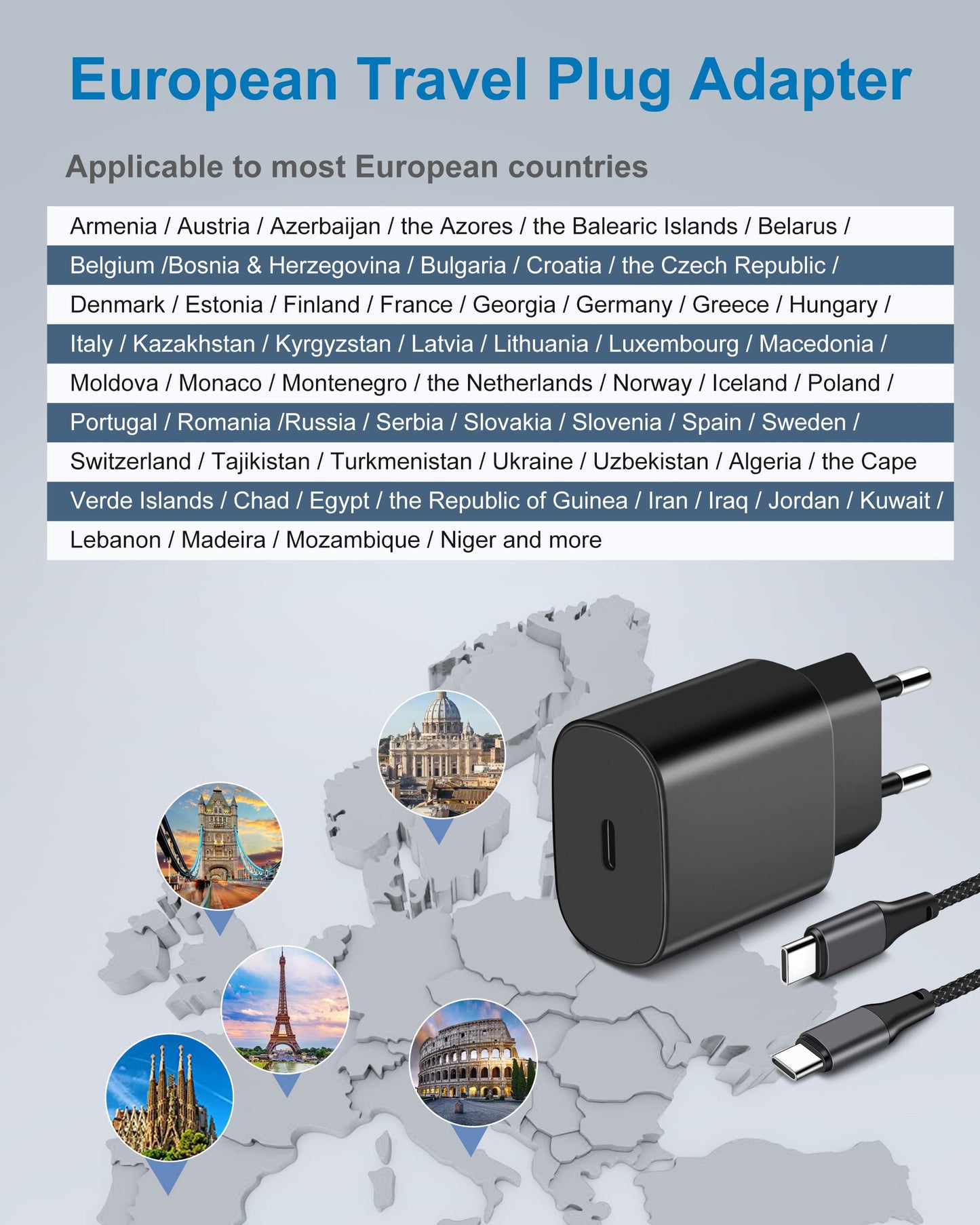 European Travel Plug Adapter, 2Pack 25W Type C Super Fast Charger Block Usb C International Power Adapter Us To Europe Eu For Ip