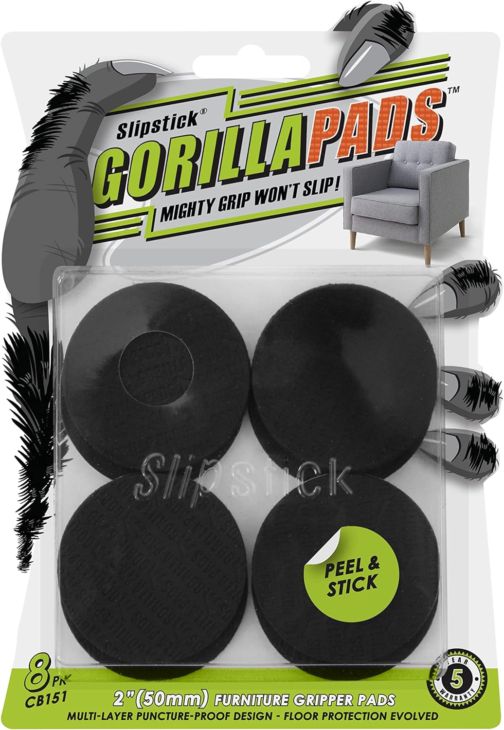 Slipstick GorillaPads Non Slip Furniture Pads/Gripper Floor Protectors (Set of 8) 2 Inch Round Self Adhesive Rubber Stoppers for Furniture Legs, CB151