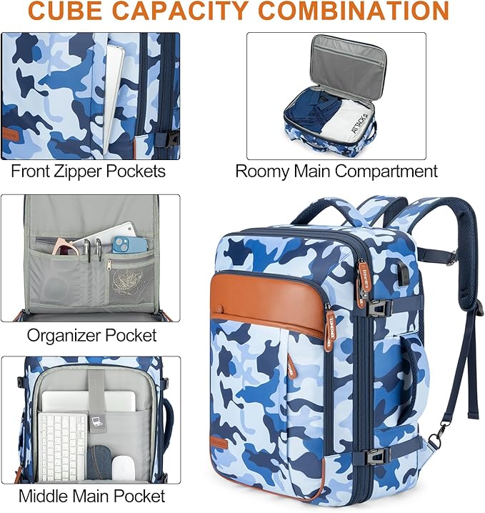 Lumesner Carry on Travel Backpacks, Extra Large 40L Flight Approved for Men & Women,Expandable Suitcase backpack (Camouflage Blue(Backpack With 4 Packing Cubes))