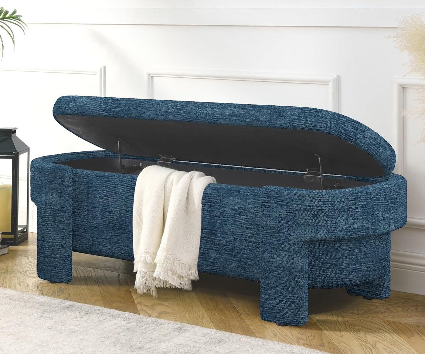 KEIKI 51" Linen Ottoman Bench with Large Storage Space, Upholstered Seating Foot Rest Stool Furniture for Bedroom, Living Room, Entryway, Dark Blue
