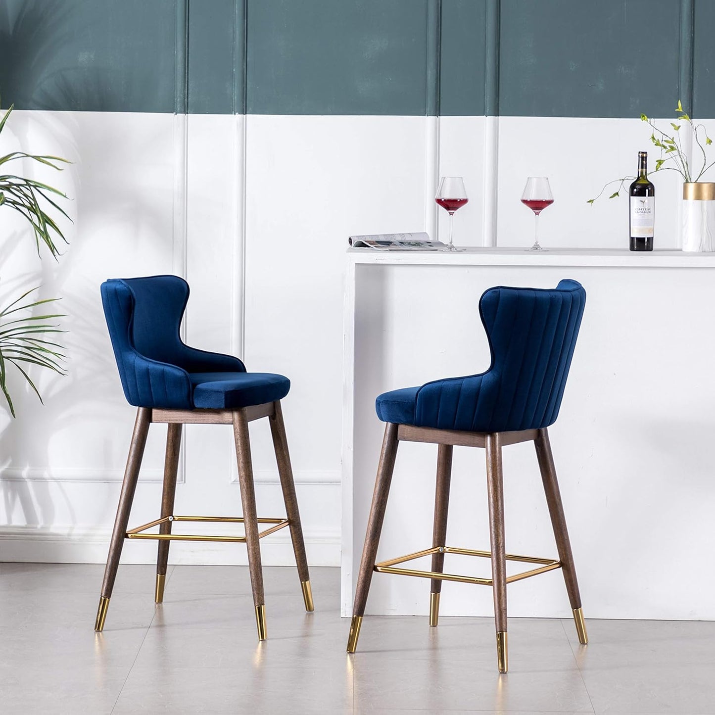 Roundhill Furniture Leland Fabric Upholstered Wingback Bar Stools, Set of 2, Blue