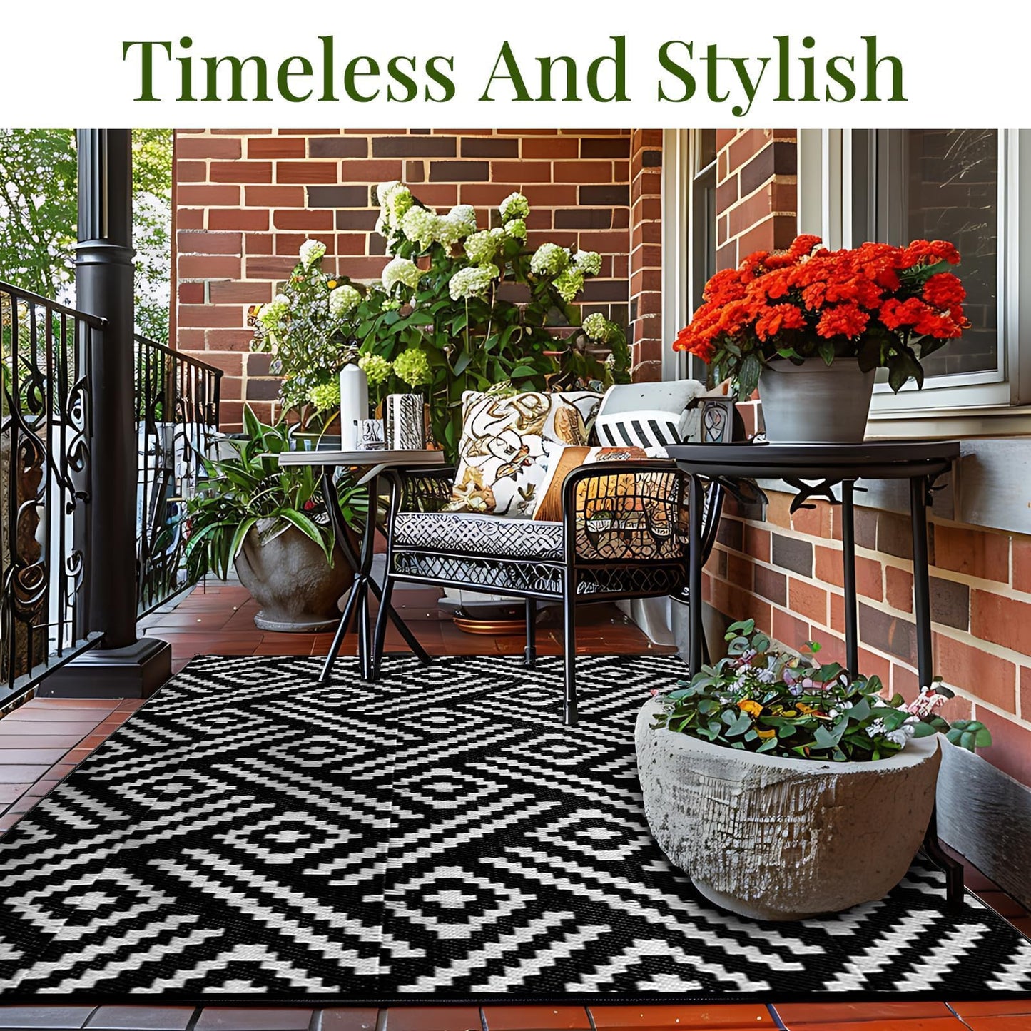 OPPODREAM Outdoor Rug 8x10 Patio Waterproof, Large Outdoor Plastic Straw Rug, Reversible Out Door Carpet for Camping, Deck, Rv, 8 x 10 Area Carpet for Balcony, Porch, Backyard, Black and White