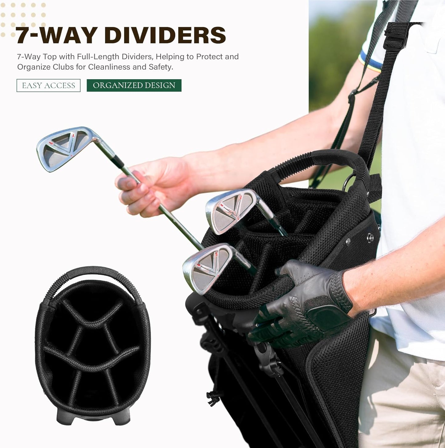 Golf Stand Bag with 7 Way Top Dividers, Lightweight Golf Bags for Men Women with Multiple Pockets, Dual Straps
