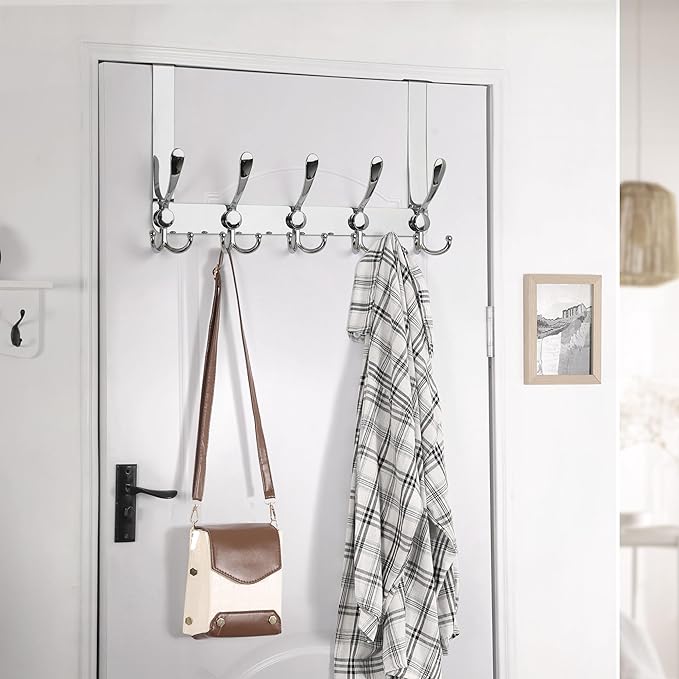 Dseap Over The Door Hook Hanger - 5 Tri Hooks, Heavy Duty Over The Door Towel Rack Coat Rack for Clothes Hat Towel,Chromed
