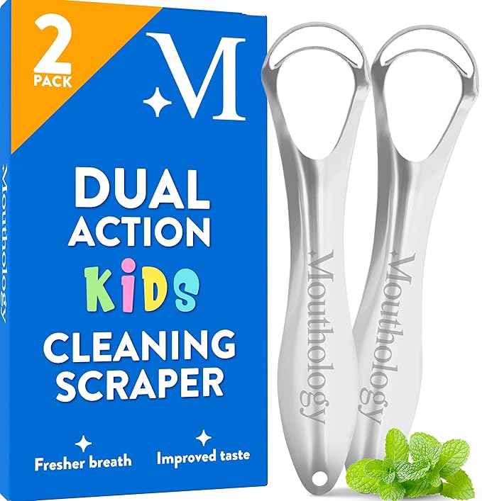 Mouthology Tongue Scraper for Kids (2 Pack), Stainless Steel Tongue Cleaner (Reduce Bad Breath), Metal Tongue Scrubber for Children, Improve Oral Health