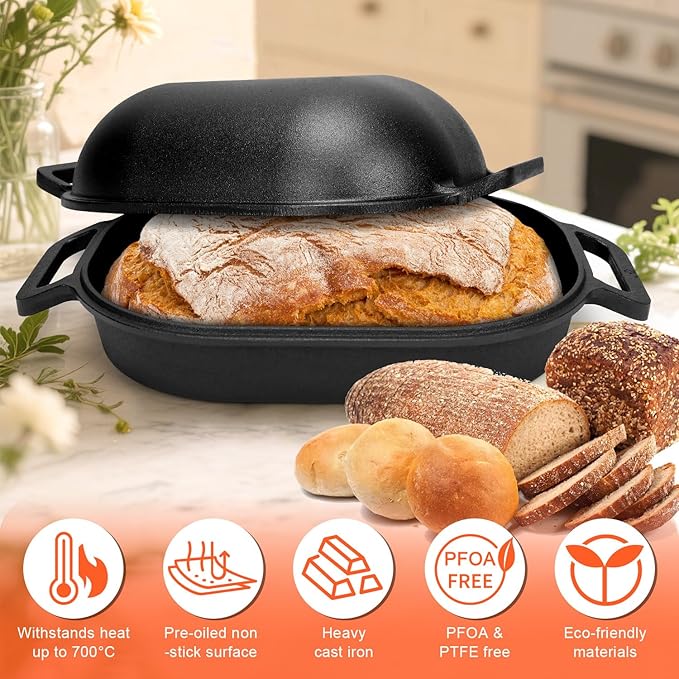 QuliMetal 16"x10" Oval Cast Iron Dutch Oven for Bread Baking, Bread Loaf Pan With Sourdough Bread Making Kit, Pre-Seasoned Bread Dutch Oven With Lid, 9.5QT, 13 LBS Heavy Duty, Homemade Breadmaking
