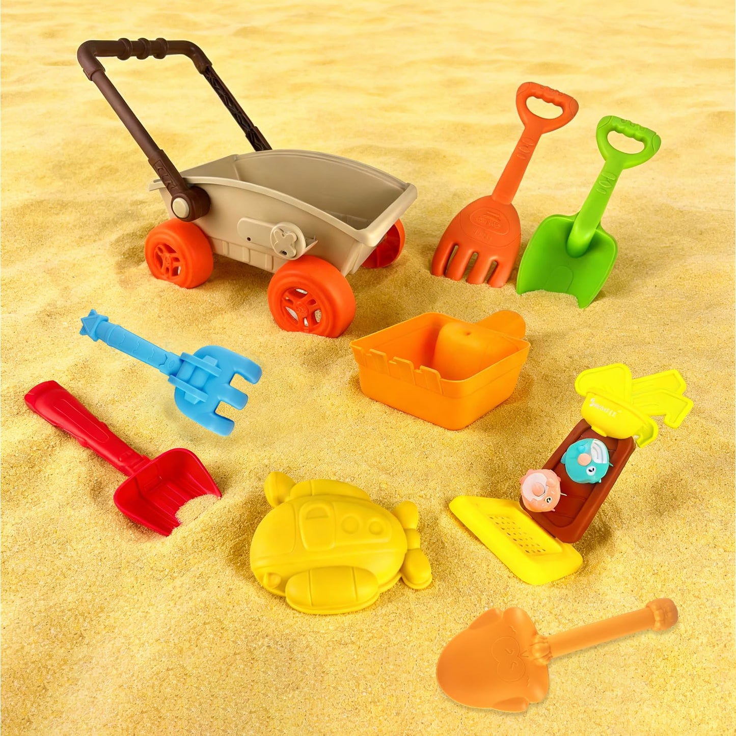 IOKUKI 19 PCS Sand Toys with Extra Large Mesh Bag Including Sand Wagon, Water Wheel, Large Shovels & Rakes, Molds, Castle Kit, Outdoor Beach Toys Tool Set for Kids, Toddlers, Boys and Girls Age 3+