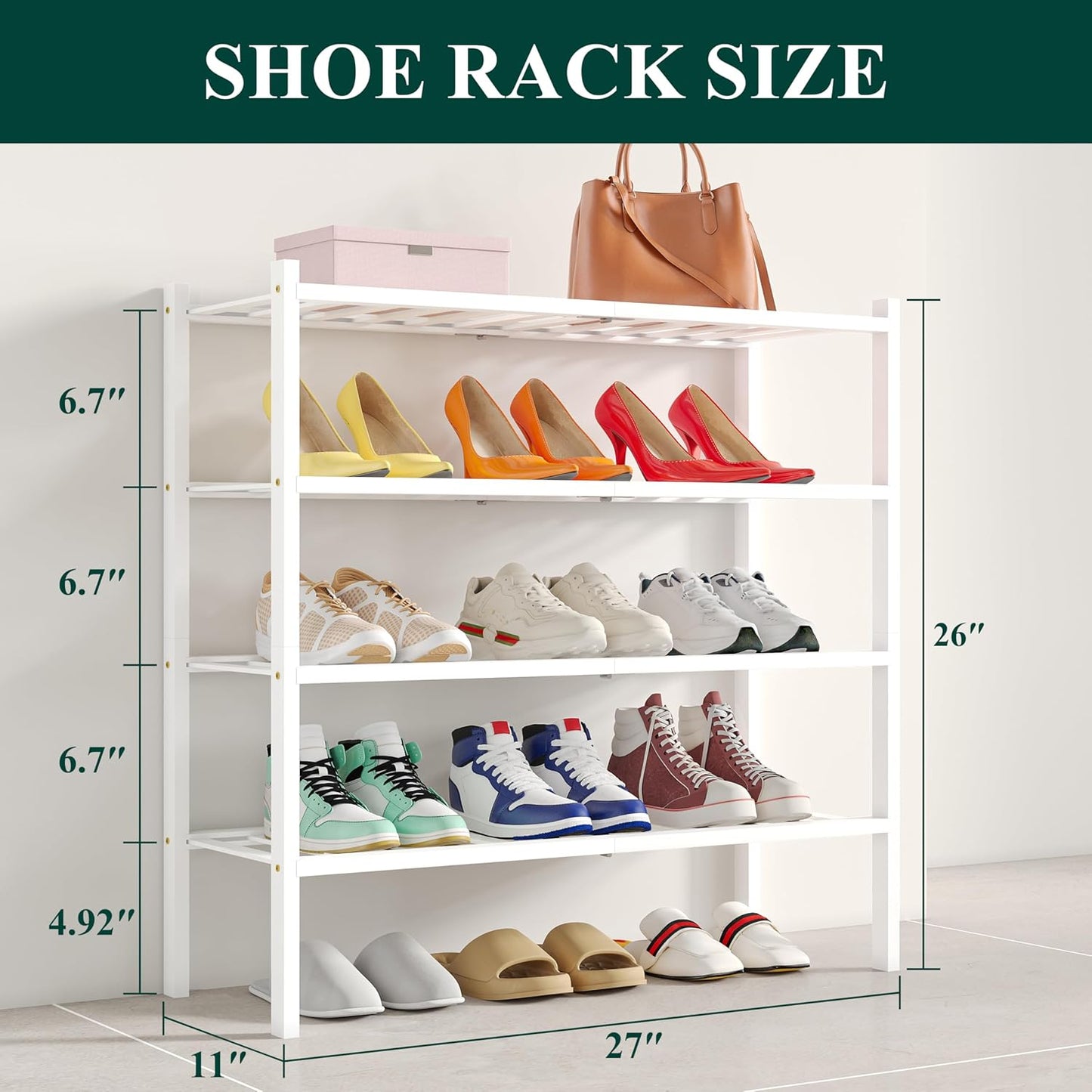 Smiry Shoe Rack, 4 Tier Bamboo Shoe Organizer, Stackable Free Standing Wooden Shoe Storage Shelf for Closet, Entryway, Front Door Entrance, White