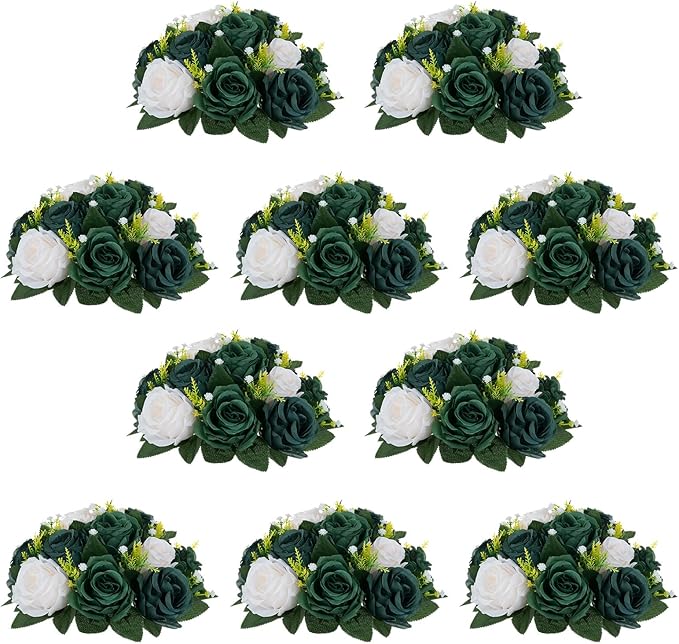 NUPTIO Green Flower Ball Centerpieces: 10 Pcs Artificial Rose Arrangements for Wedding Party Tables Decorations - Fake Silk Floral Kissing Balls for Home St Patrick's Day Christmas Event Dining