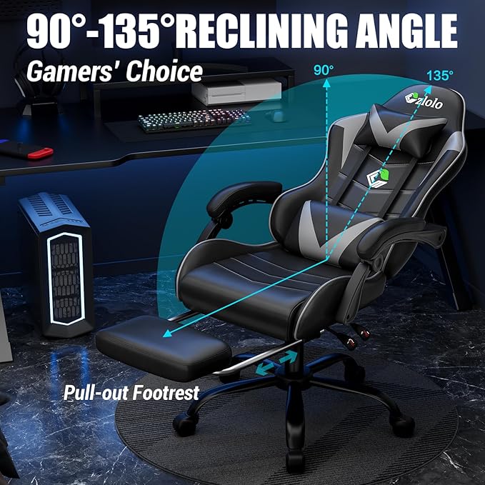 Gaming Chair with Footrest Racing Style Lumbar Support Massager Video Game Chair with Metal Legs, High Back Reclining Gamer Chair with Headrest, 360° Swivel Office Computer Desk Chair (Gray)