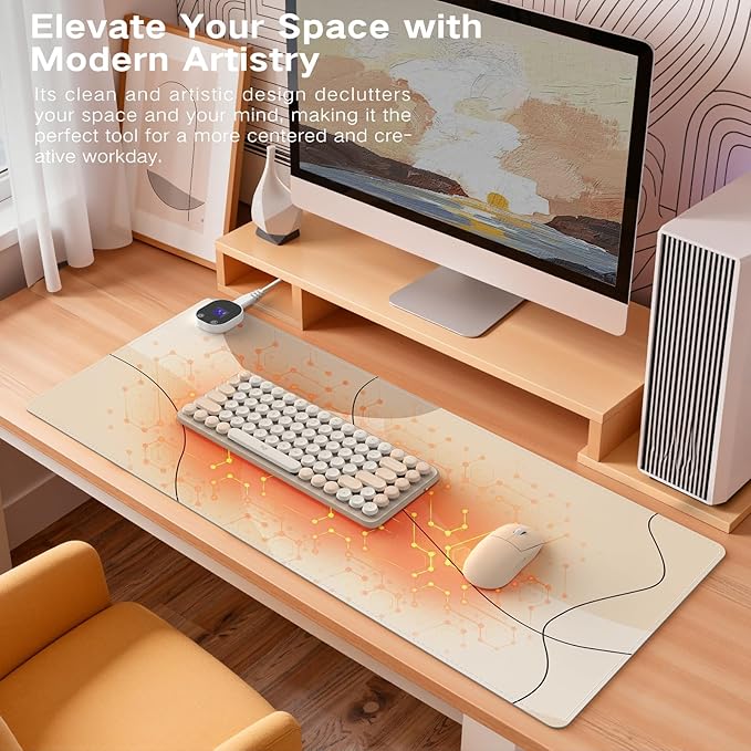 iCasso Heated Mouse Pad Hand Warmer, XL Heated Desk Pad, Electric Warm Desk Mat with 4 Heating Levels for Computer Keyboard, 31.5" x 13" Large Mousepad for Home Office Work (Brown Art)