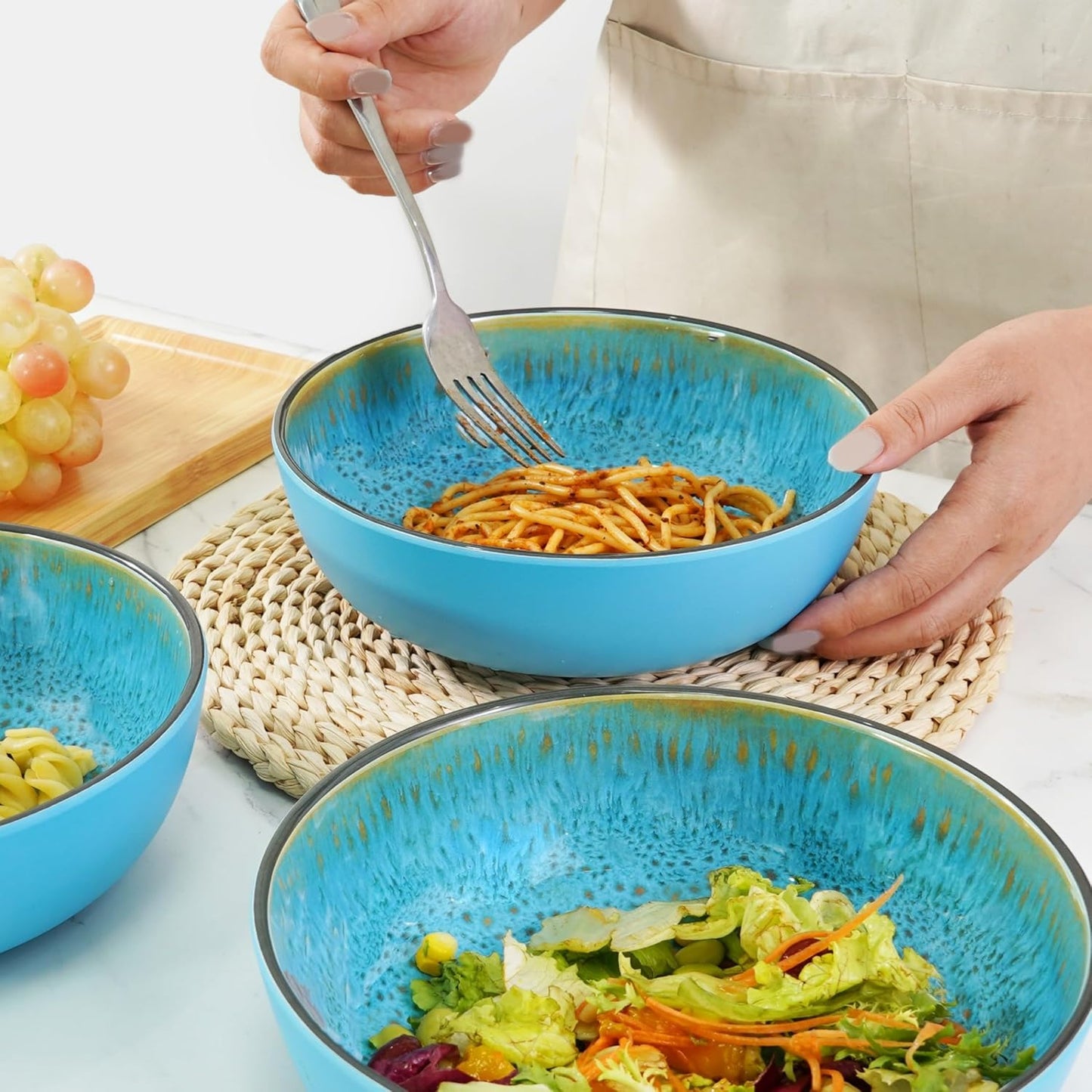 TP 12-Piece Dinnerware Set, Melamine Dishes Set with Bowls and Plates, Non-breakable and Lightweight Round Dinner Set for 4, Teal