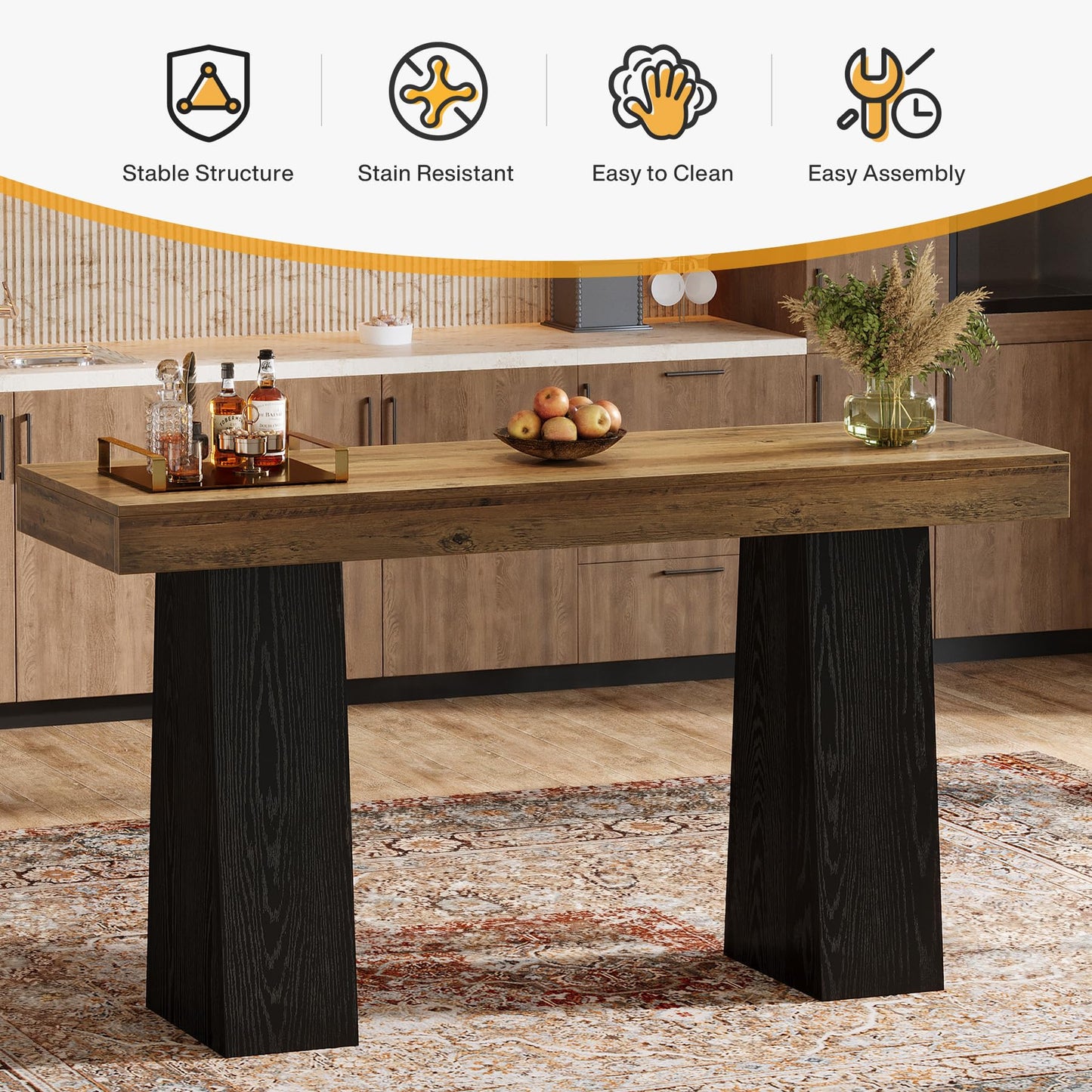 Tribesigns 63-Inch Bar Height Table, Wood Rustic Counter Height Table, Rectangular Home Bar with Thickened Tabletop and Sturdy Base for Kitchen, Dining Room, Living Room, Pub, Brown & Black (1)
