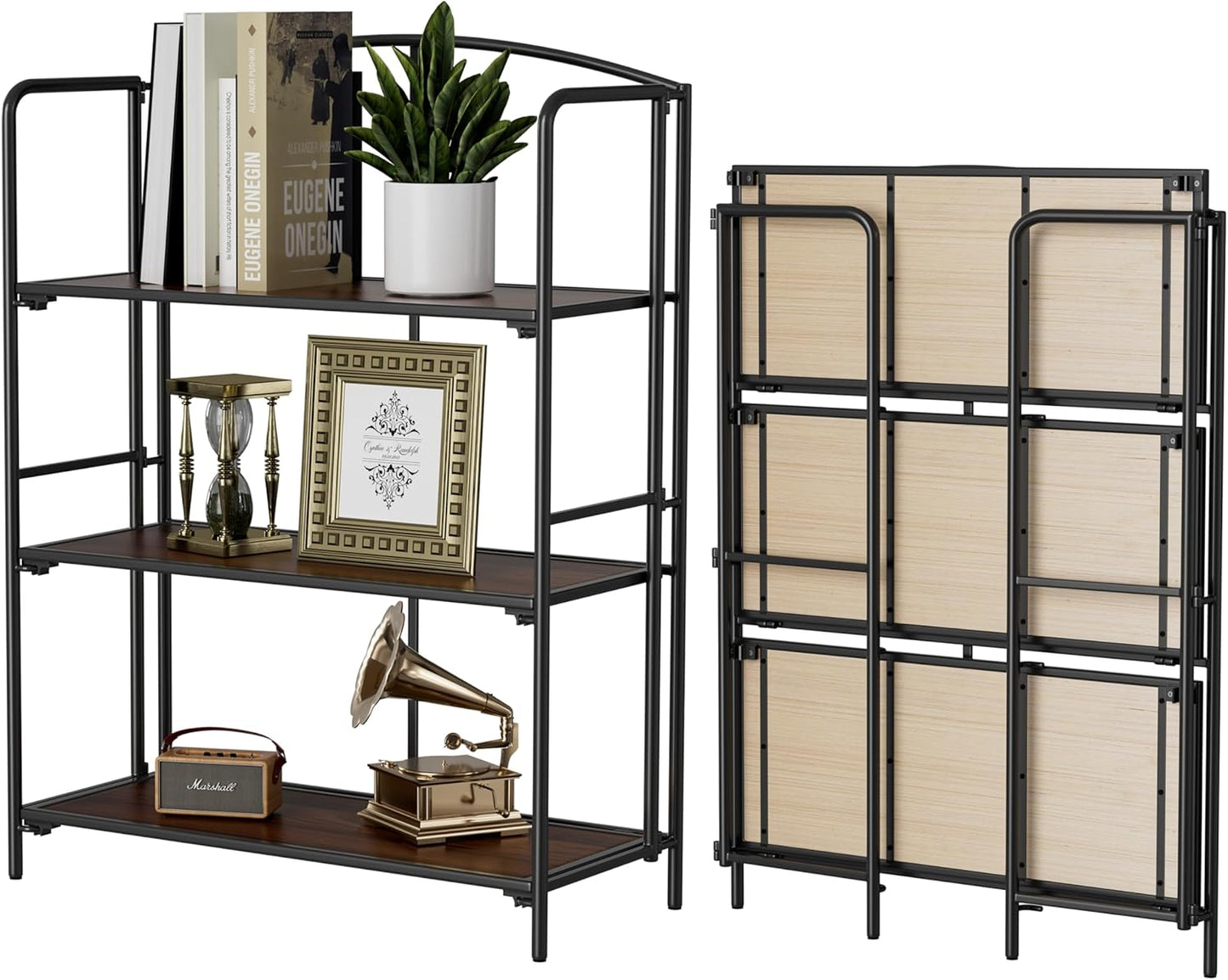 Crofy No Assembly Folding Bookshelf for Living Room, 3 Tier Black Collapsible Book Shelf for Home Office, Portable Bookcase Storage Organizer