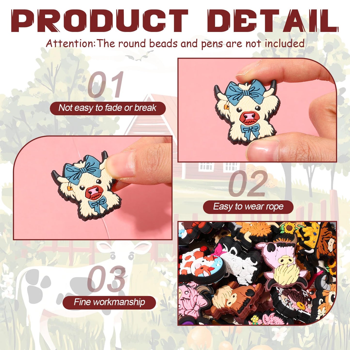 Tondiamo 60 Pcs Silicone Focal Beads for Pens Bulk Highland Cartoon Animal Theme Focal Bead for Beaded Pen Necklace Bracelet Charms Keychain Making Jewelry Making DIY Gifts(Cow)