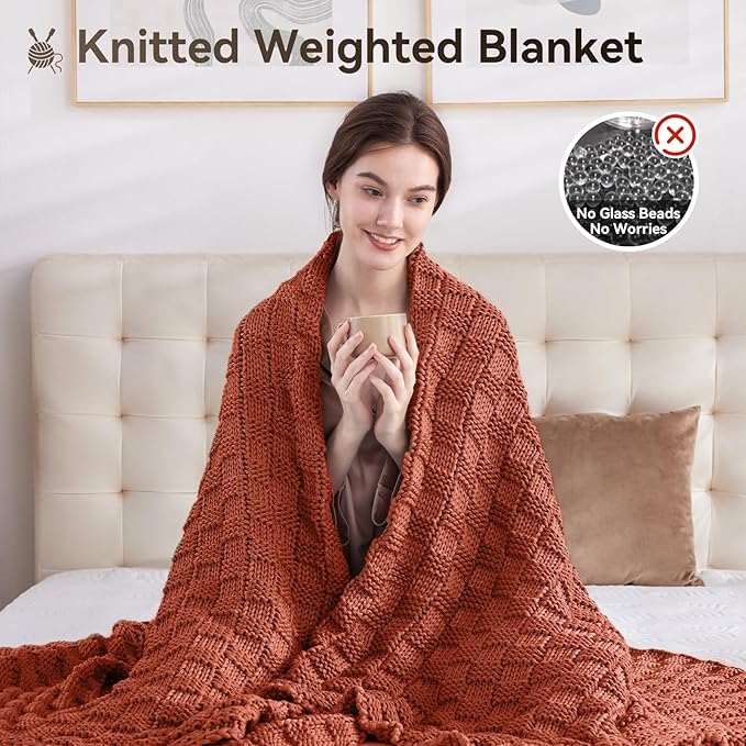 Knitted Weighted Blanket Adult, No Beads Heavy Blanket 60” x 80'' 17lbs, Breathable Chunky Knit Blanket, Cooling Weighted Blanket for Hot Sleepers, Christmas Home Decor (Orange)