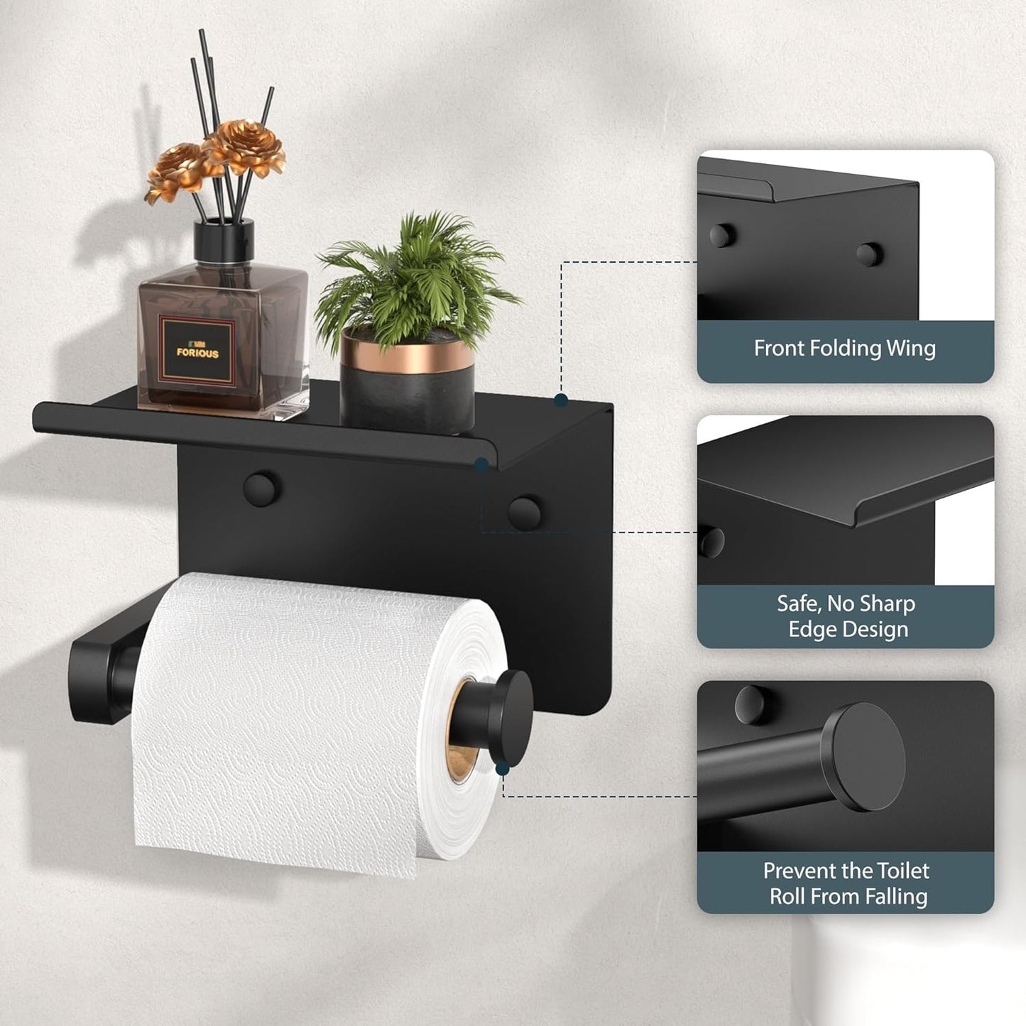 FORIOUS Toilet Paper Holder with Shelf, Adhesive or Screw Wall Mount Toilet Paper Roll Holder for Bathroom, Rustproof 304 Stainless Steel Commercial Toilet Tissue Holder, 2 Pack Matte Black