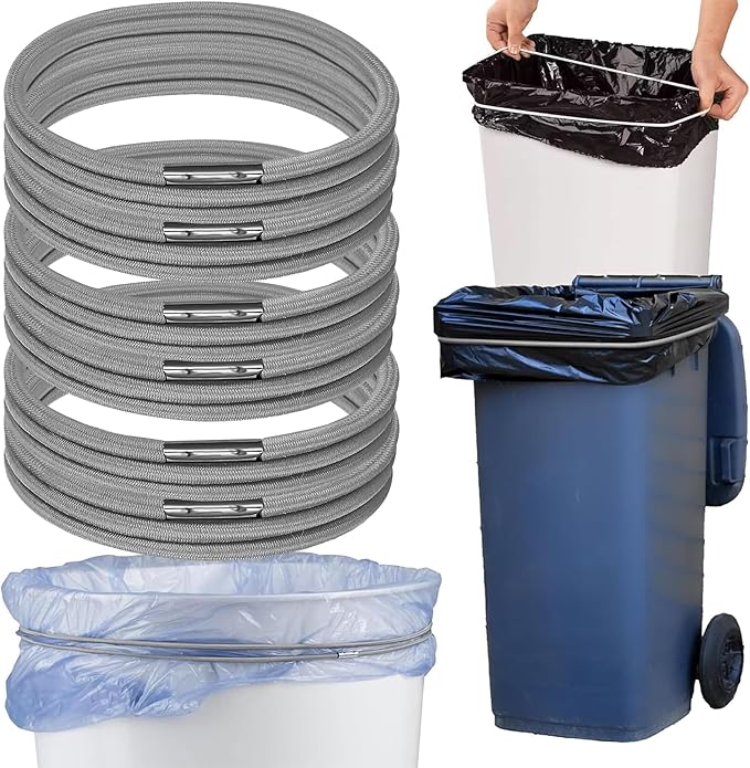 Trash Can Rubber Bands Set of 6 - Elastic Garbage Can Bands with Metal Connector, Fits 13 to 33 Gallon Trash Bags - Gripper Trash Can Bands for Waste Baskets, Grey
