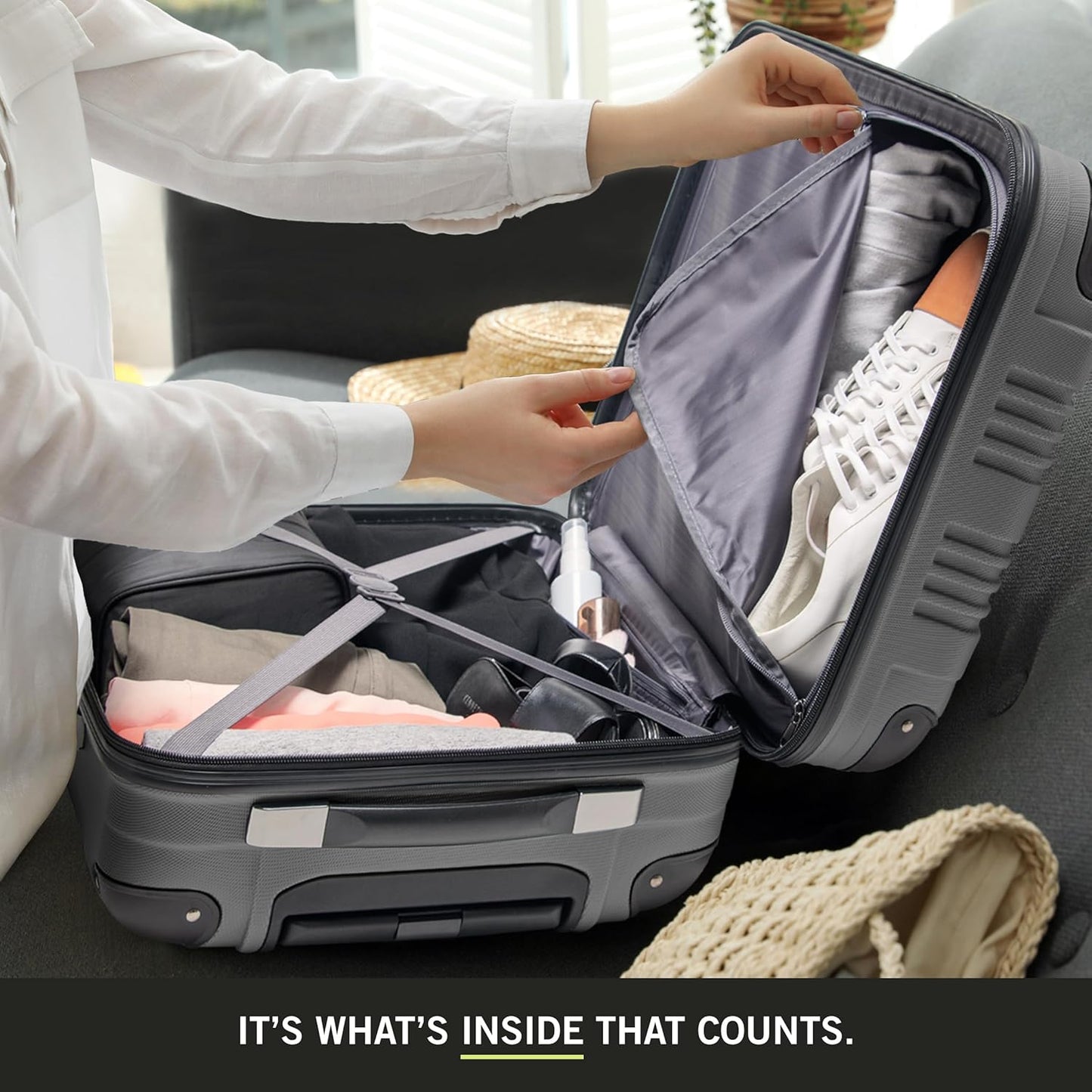 Kenneth Cole REACTION Out of Bounds Lightweight Hardshell 4-Wheel Spinner Luggage, Charcoal, 3-Piece Set (20", 24", & 28")