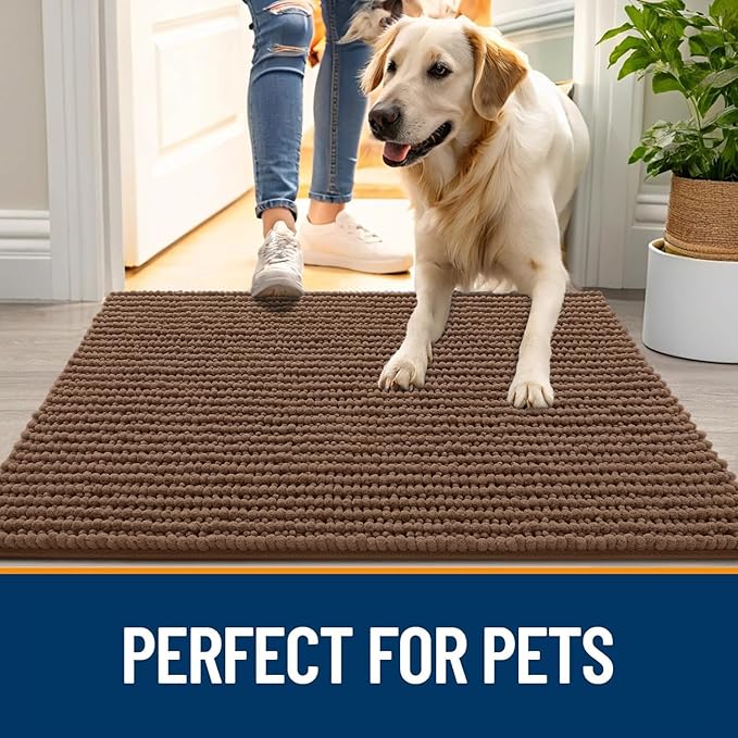 OLANLY Dog Door Mat for Muddy Paws 24x16, Ultra Absorbent Chenille Mud Doormat, Non-Slip Washable and Dirt Trapping Doormat for Indoor Entryway, Quick-Dry Indoor Pet Bed Mats for Dogs, Mocha