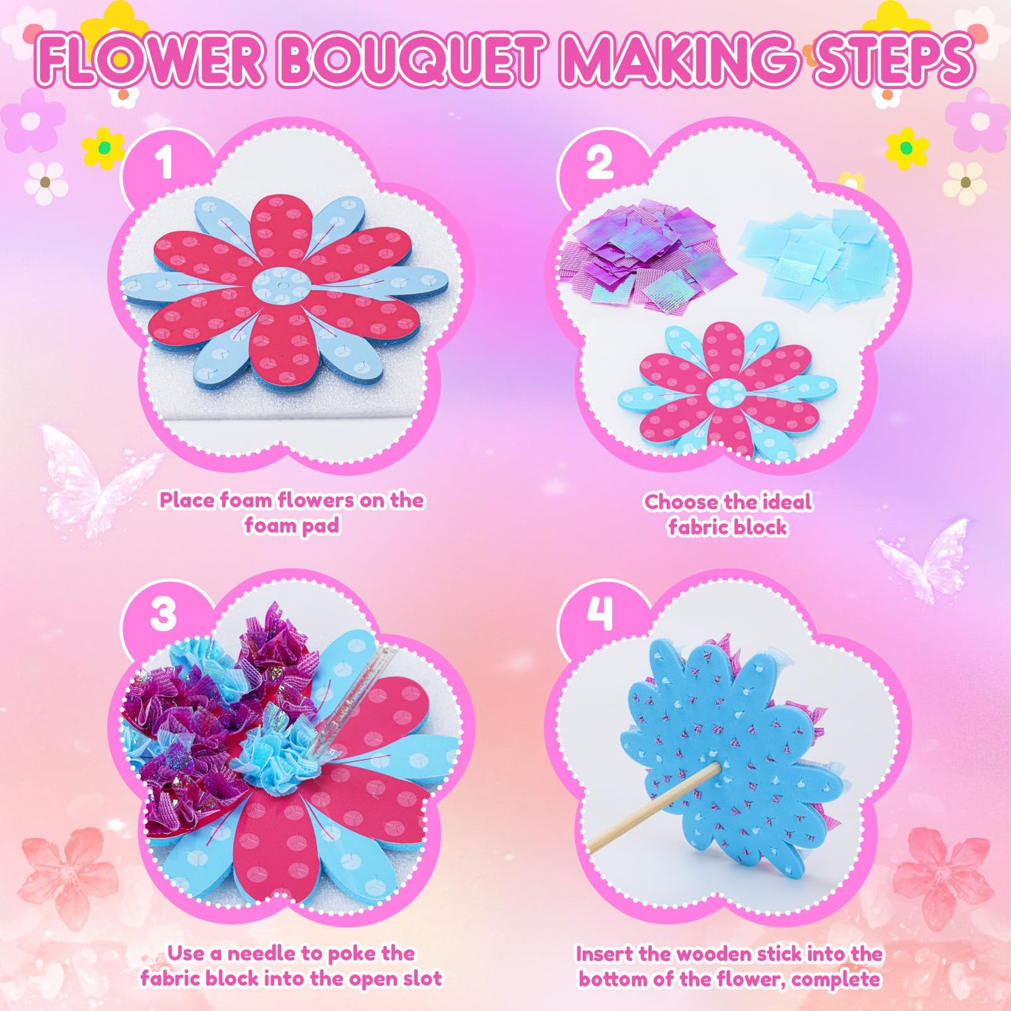 MUNDIDO Poke in Fun Art Flower Bouquet, Mess Free Paper Craft Kits for Kids, DIY Creative Activity Gifts for 6 7 8 9 10 Year Old Girls, Birthday Gifts for Girls Boys Age 5-12 Easter Basket Stuffers