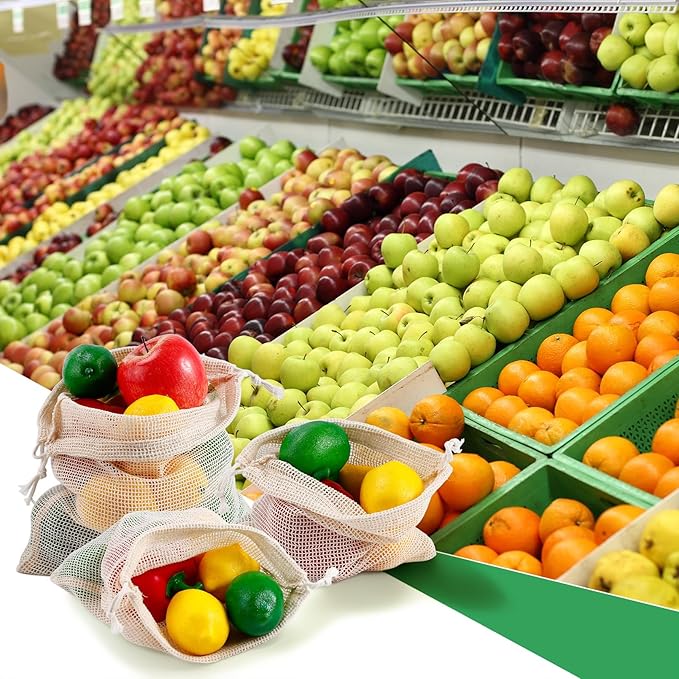 12+1 Pack Reusable Produce Bags, Cotton Mesh Produce Bags Reusable Washable, Grocery Bag, Double-Stitched Vegetable Bag with Drawstrings for Shopping, Transporting and Storing(4xS, 4xM, 4xL)