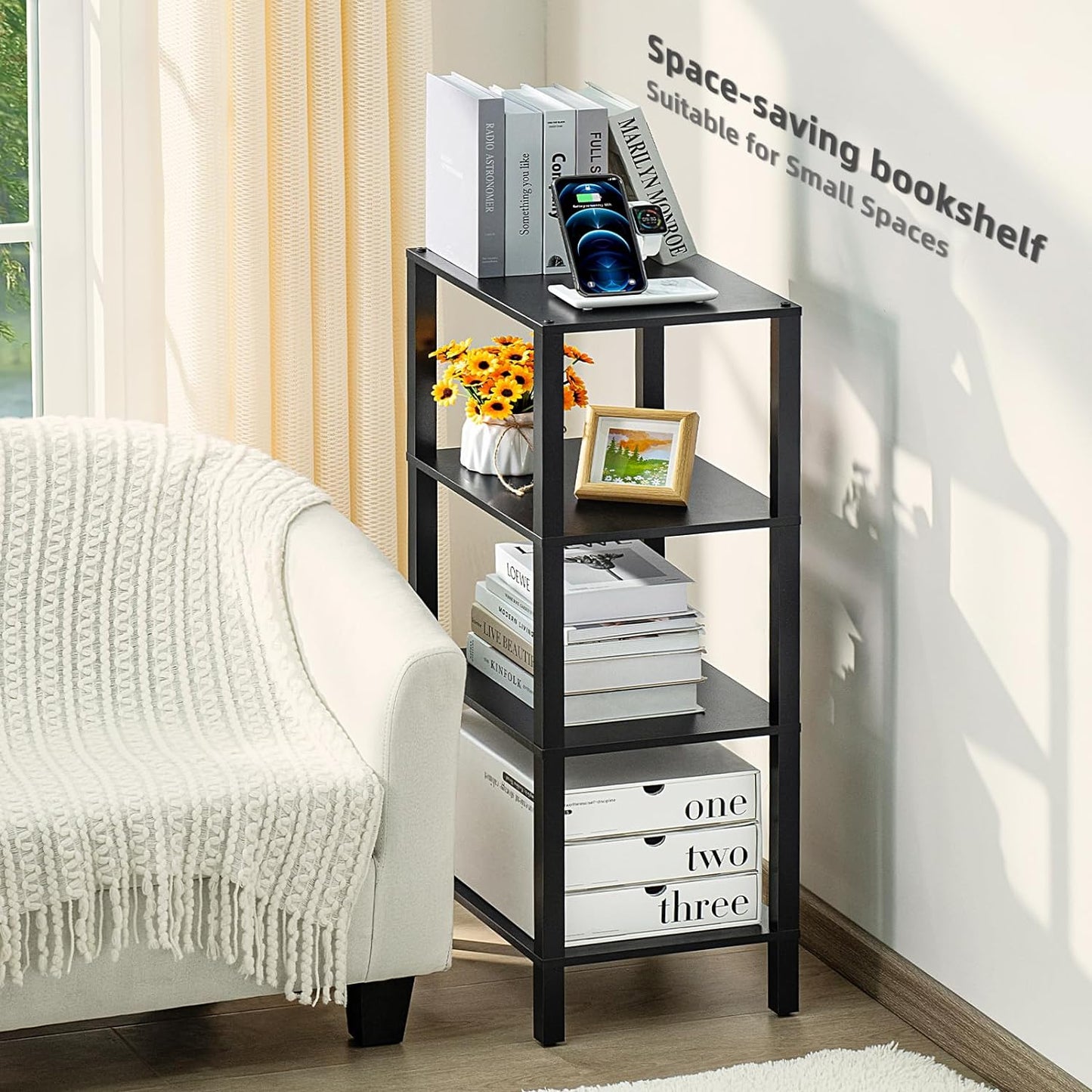 4 Tier Tall Wooden Bookshelf with Storage - Small Bookcase for Small Spaces, Shelf for Living Room, Office, Bedroom, Kitchen - Industrial Modern Black Book Shelf