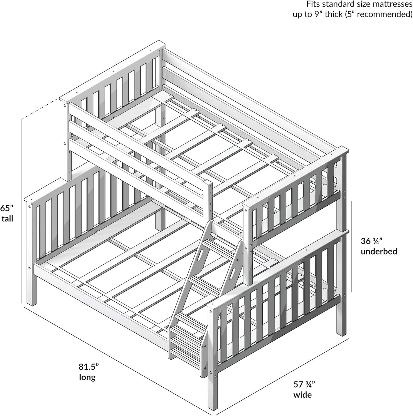 Max & Lily Bunk Bed Twin Over Full Size with Ladder, Solid Wood Platform Bed Frame with Ladder for Kids, 14" Safety Guardrails, Easy Assembly, No Box Spring Needed, Natural
