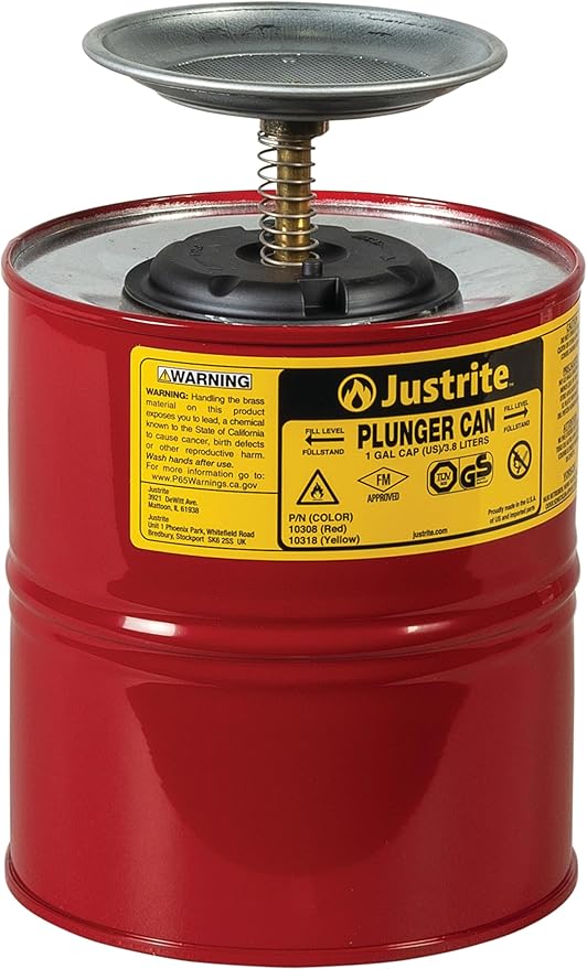Justrite Plunger Can for Solvents, 1 Gallon Capacity, 10.5" x 7.25" Steel Push-Down Solvent Dispenser Can, Made in The USA Industrial Mechanic Tools, Red, 10308