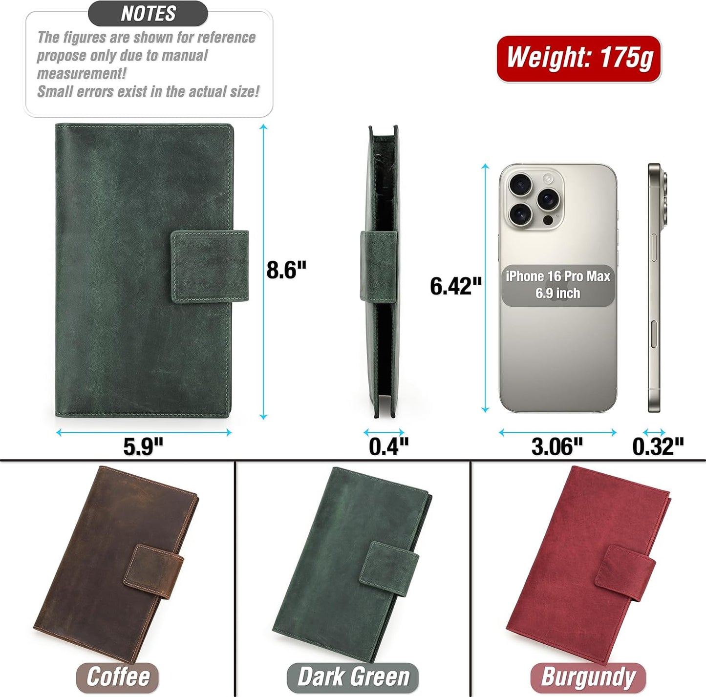 Top Grain Leather Travel Passport Wallet Holder for Man & Woman, Snap Button Design for 4 Passports & Multi Cards, RFID Blocking Large Capacity for Passports/Cards/Checks/Bills, Dark Green