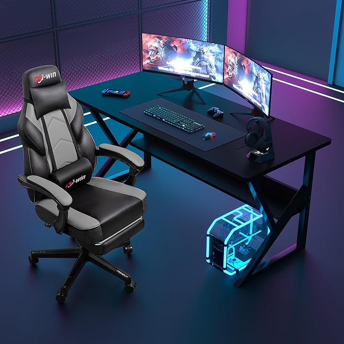 Gaming Chairs for Adults, Computer Chair with Footrest and High Back, Big and Tall Gamer Chair's with Massage Lumbar Support, 360° Swivel Height Adjustable Gaming Chair, Grey