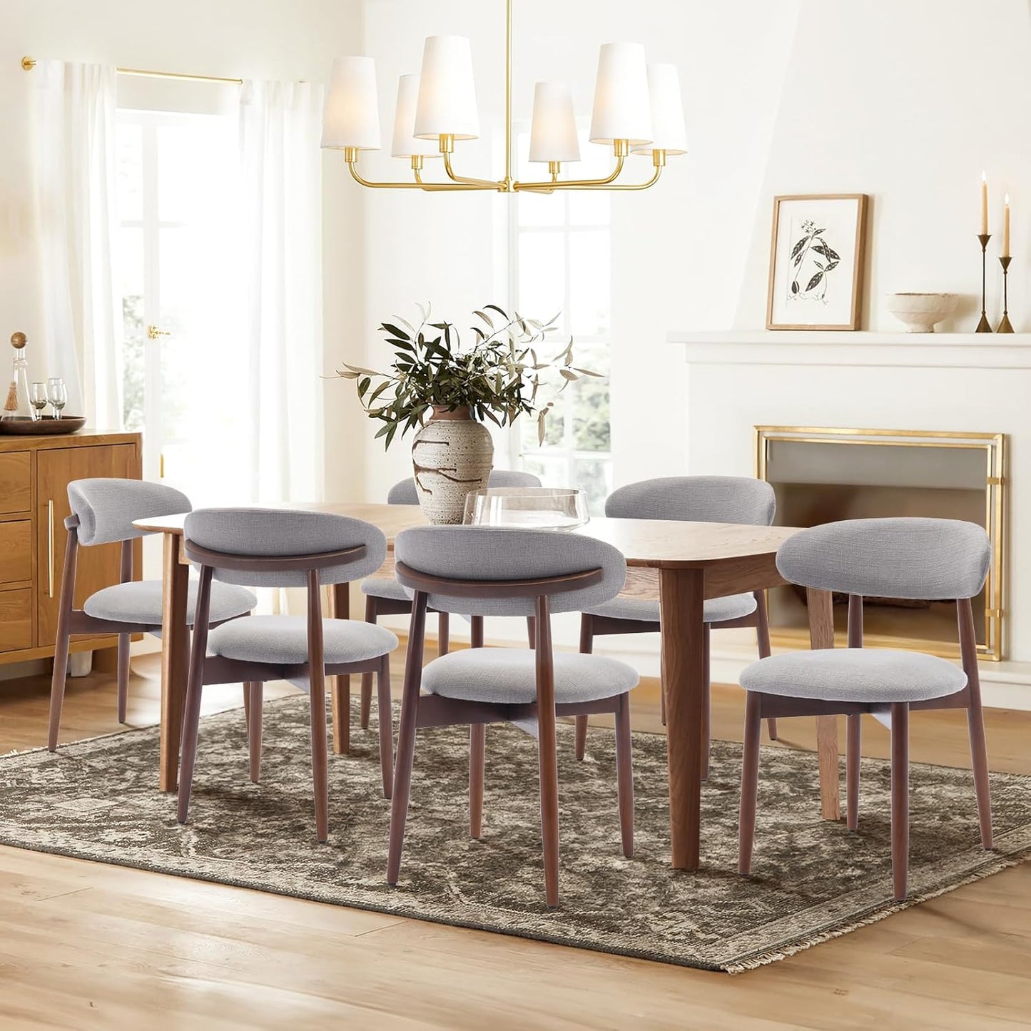 COLAMY Wooden Dining Chairs Set of 6, Modern Fabric Upholstered Dining Room Chair, Farmhouse Kitchen Chairs with Foot Pegs, Light Grey