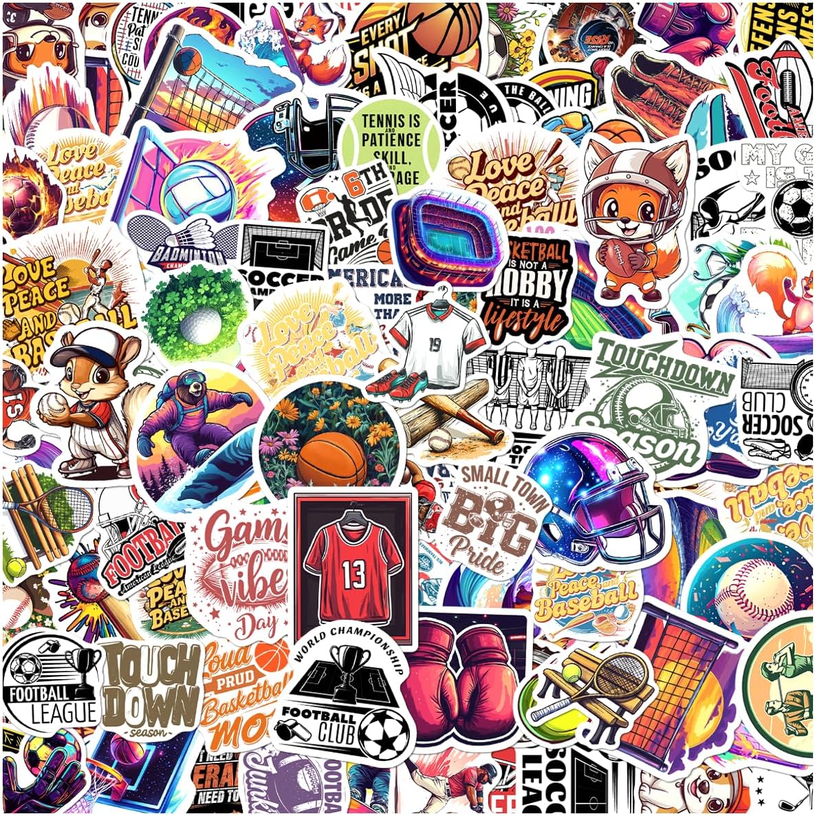 Sports Motivational Stickers 108Pcs Pack for Water Bottles Skateboards Lockers Laptops Football Basketball Soccer Tennis Golf Decals Waterproof Vinyl Teens Kids