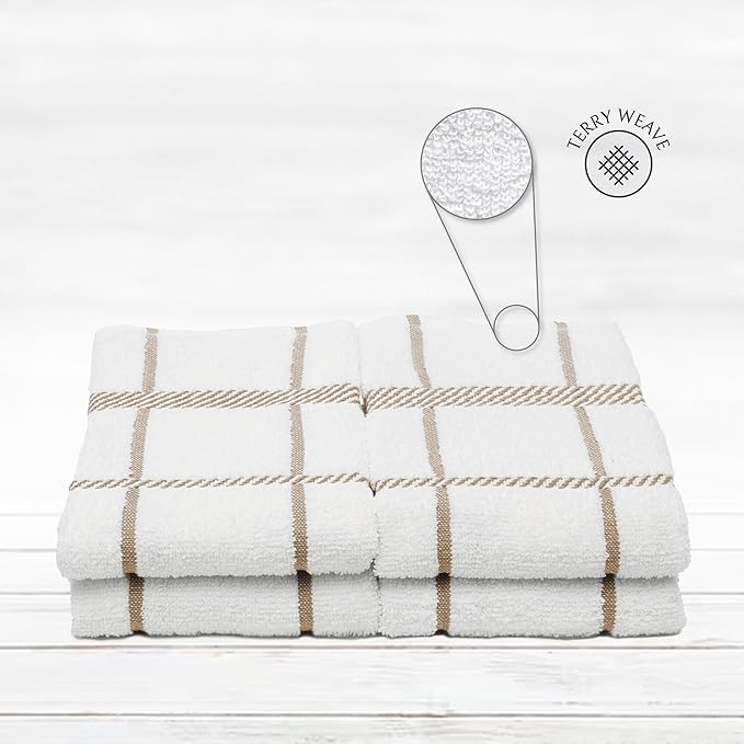 100% Cotton Terry Dish Towels, 4 Pack Checks, 16 x26 Inches, Super Soft and Absorbent Kitchen Towels, Perfect for Kitchen Cleaning and Dish Washing | Tan