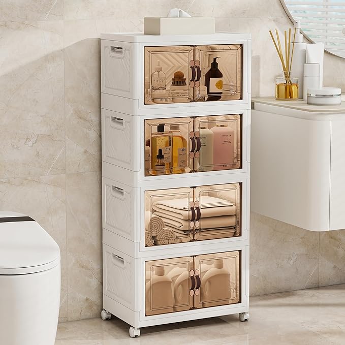 Storage Bins with Lids and Wheels, Collapsible Bathroom Storage Cabinet with Clear Doors, Plastic Stackable Closet Organizers and Storage Containers White 180 QT