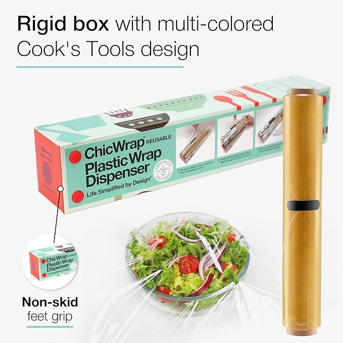 Chicwrap Cook's Tools Refillable Plastic Wrap Dispenser - One 12" x 250' Roll of Professional Grade Plastic Wrap - BPA Free and Kosher Certified - Reusable Dispenser w/Slide Cutter