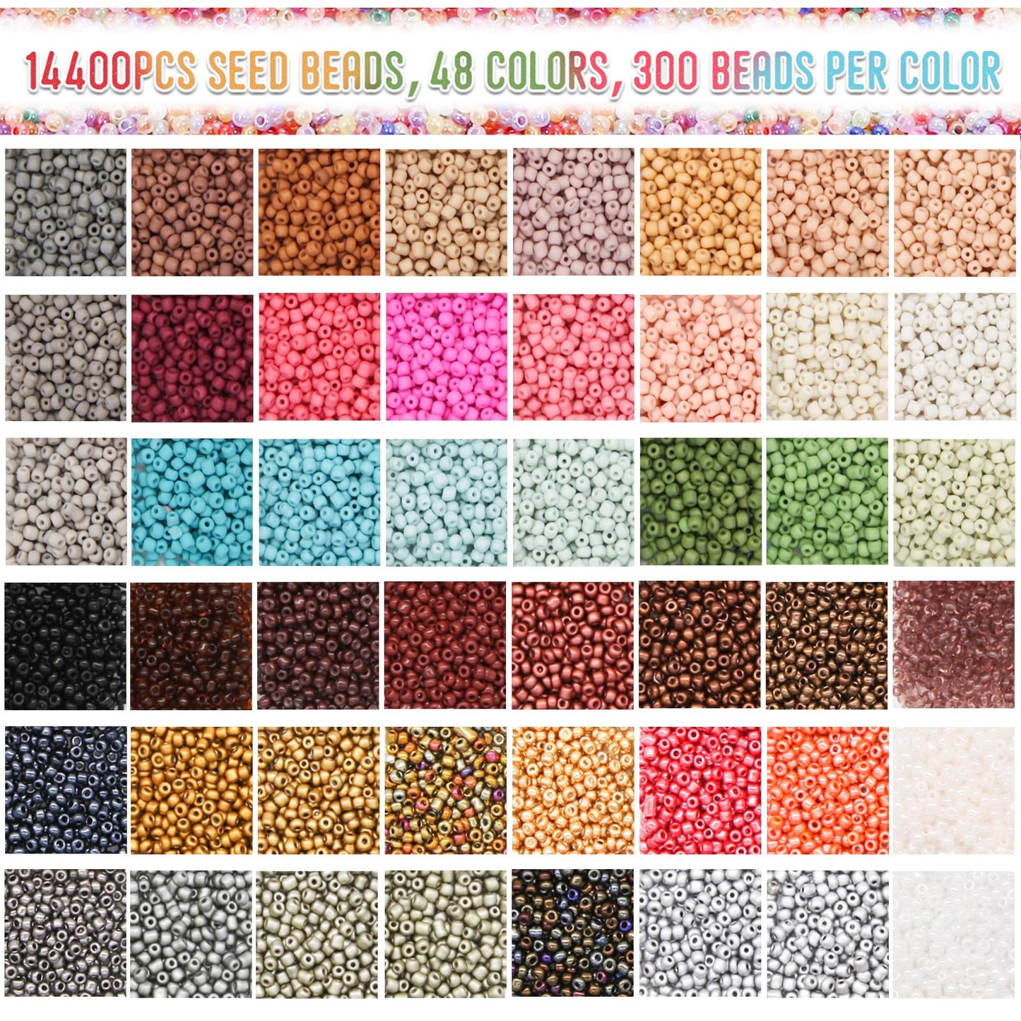 EuTengHao Glass Seed Beads for Bracelet Making Kit, 8/0 Small Pony Beads for Bracelet Necklace Jewelry Making DIY Crafting (3mm, 48 Colors, Frosted Glass and Lacquered)