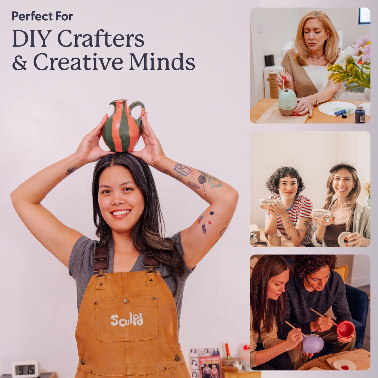 Sculpd - The Original Pottery Kit for Adults - Air Dry Clay for Adults, Tools, Varnish, Paints, Brushes, Couples Date Night Arts & Crafts Set, Matte Varnish